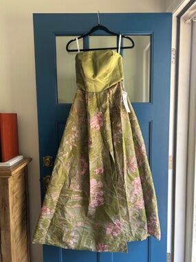 Nafori Green A-Line Elegant Evening Dress Jacquard Floral Strapless 4